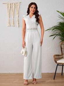 Elegante Mono Liso De Pierna Ancha Para Mujeres,Mono Unicolor De Hueco Y Empalme De Encaje,Mono Sin Mangas Con Volantes Para Primavera y Verano