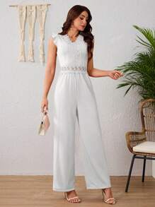 Elegante Mono Liso De Pierna Ancha Para Mujeres,Mono Unicolor De Hueco Y Empalme De Encaje,Mono Sin Mangas Con Volantes Para Primavera y Verano