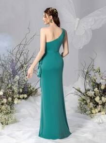 Faeriesty Dressalisa Elegant Maternity One Shoulder Ruffle Trim Formal Party Dress - Green - View 3