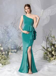 Faeriesty Dressalisa Elegant Maternity One Shoulder Ruffle Trim Formal Party Dress - Green - View 7