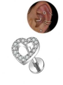 1 peça Brincos de cartilagem tragus de coração, joias labret, parte traseira plana, brincos de cartilagem helix, joias de piercing para mulheres, rosca interna, 8 mm, presente feminino para o dia dos namorados