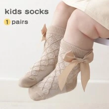 1 Pair Girls Waffle Knit Bow Mid-Calf Socks, Spring/Autumn