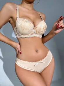 Women's Lace Lingerie Set V Neck Bra With Low Rise Thong Mesh Babydoll Set - Khaki - View 5