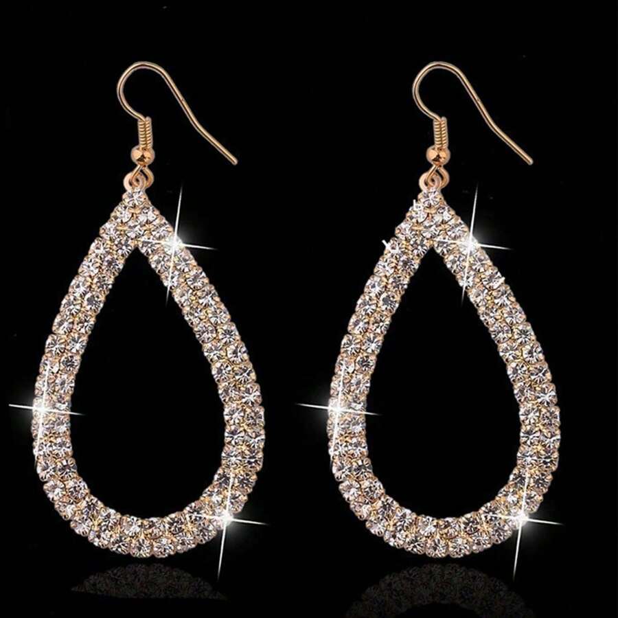2pcs Fully Rhinestone Encrusted Water Drop Pendant Earrings, Luxury Gift For Women, Party Jewelry - Gold - View 1