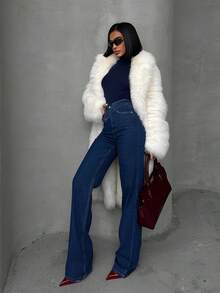 Dark Blue Denim Pants With Double Button Detail - Blue - View 5