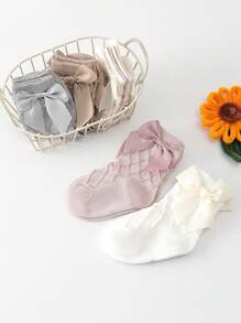 1 Pair Girls Bow Decorated Short Socks, Lolita Style Mid-Calf Socks For Spring/Summer, Baby Princess Knee High Socks For Autumn