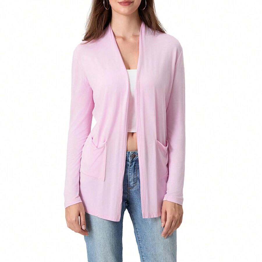 Women's Long Sleeve Open Front Cardigan Casual Loose Lightweight Cardigans With Pockets Soft Drape Spring Fall Shrugs Knitwear - Pink - View 1