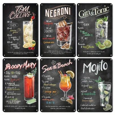 6 Packs Vintage Cocktail Tin Signs, Iron Bar Decor, Retro Beer & Drink Menu Boards For Home Bar, Pub, Garage, Man Cave - 8x12 Inch Metal Wall Art