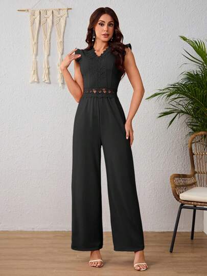 Elegante Mono Liso De Pierna Ancha Para Mujeres,Mono Unicolor De Hueco Y Empalme De Encaje,Mono Sin Mangas Con Volantes Para Primavera y Verano