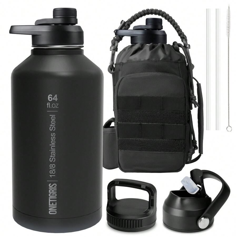 OneTigris Tactical Half Gallon Water Bottle With Straw - 64 Oz Vacuum Insulated Stainless Steel Water Jug, Leakproof Sport Bottle With 3 Lids, Paracord Handle & MOLLE Water Pouch For Outdoor - 黑色 - 查看 1