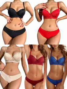 Women's Lace Lingerie Set V Neck Bra With Low Rise Thong Mesh Babydoll Set - Khaki - View 4