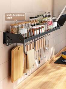 Wielofunkcyjny kuchenny organizer, ścienny stojak na przyprawy, półka do przechowywania przyborów kuchennych, uniwersalny stojak do przechowywania butelek i słoików, odpowiedni do kuchni, łazienki, balkonu, wykonany ze stopu aluminium odpornego na rdzę, oszczędzający miejsce, montaż bez wiercenia - Wielokolorowe - Zobacz 3