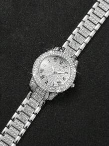 6er Set Modische, Lässig Quarz Armbanduhr für Damen mit römischem Zifferblatt & Stahlarmband + Schmuckset (ohne Uhrenetui)