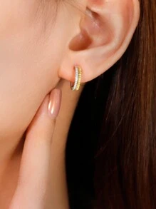 2pcs S925 Sterling Silver Original Versatile Ins Style Bicolor Luxury Cubic Zirconia C-Shape Stud Earrings, Suitable For Women's Daily Wear, Holiday And Party, Jewelry Gift