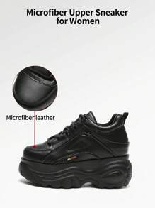 somiliss 1 Pair Women's Casual Lace-Up Sneakers, Black Faux Leather, Lightweight & Comfortable, Fashionable Low-Top Thick Sole 8cm Platform, Suitable For Outdoor Sports, Autumn/Winter 2025 New Arrival - Black - View 4