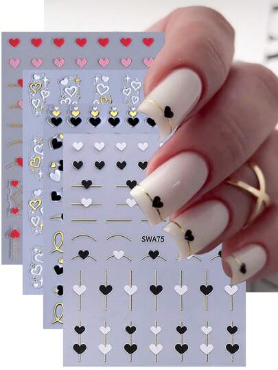 4 PIEZAS Pegatinas de uñas con línea corazón francesa simple, línea metálica brillante de lujo, calcomanías de arte de uñas 3D autoadhesivas, decoración de manicura DIY para boda, San Valentín, uñas de San Valentín, suministros para uñas