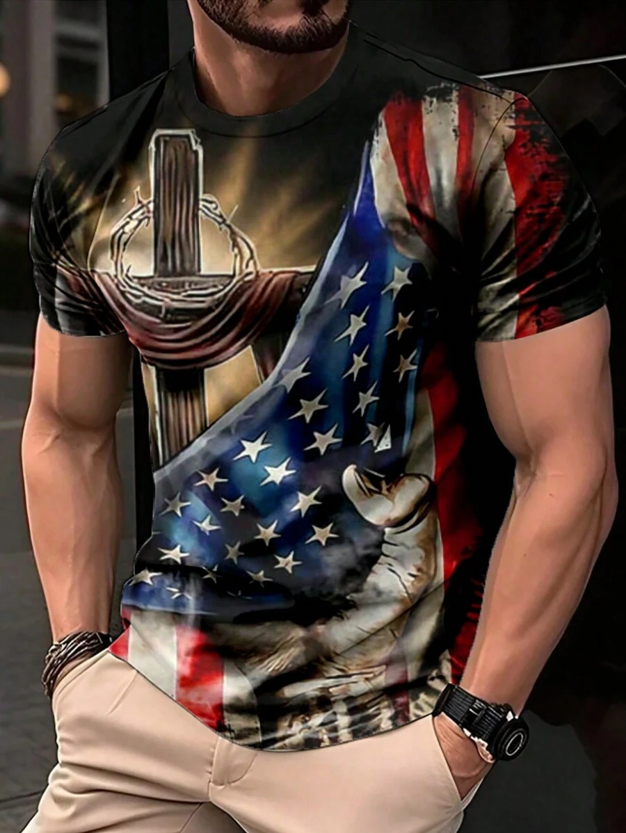男士美国国旗印花圆领短袖休闲 T 恤，夏季 - 彩色 - 查看 1