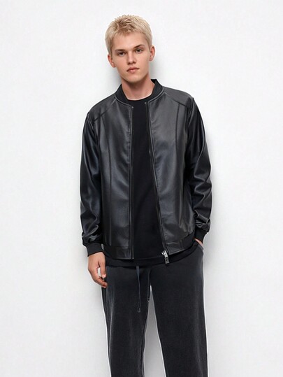 1pc Tween Boy Casual Black PU Leather Baseball Collar Jacket, Spring/Autumn Lightweight Motorcycle Outerwear