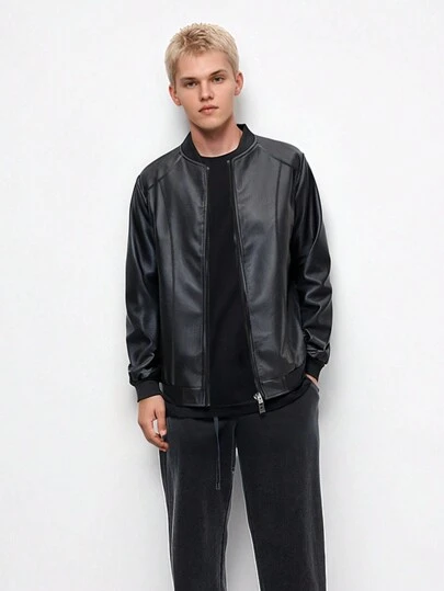 1pc Tween Boy Casual Black PU Leather Baseball Collar Jacket, Spring/Autumn Lightweight Motorcycle Outerwear