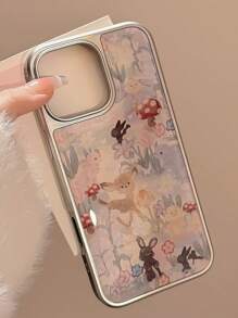 可爱油画时尚手机壳 1 件装 银框森林鹿电镀环氧树脂手机壳 兼容苹果智能手机 复活节春季礼物 - 彩色 - 查看 2