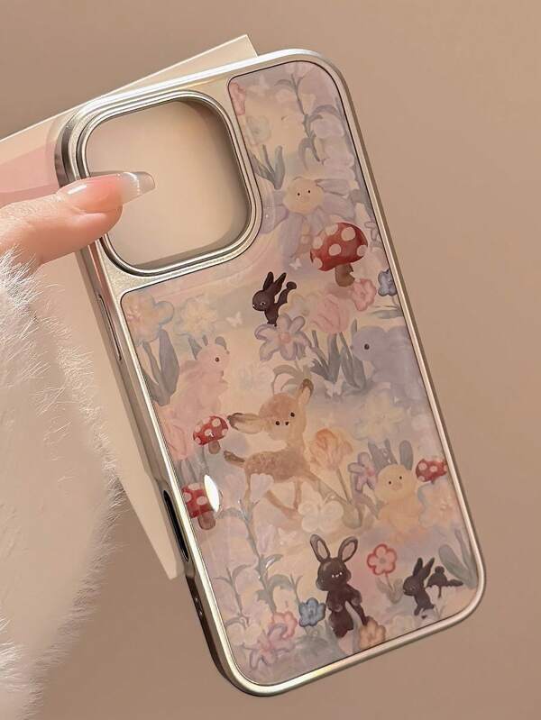 1pc Cute Silver Framed Forest Deer Oil Painting Style Electroplated Epoxy Phone Case Compatible With Apple/ Smartphones
