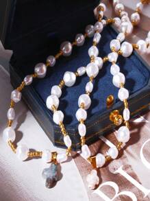 1Pc Pearl Cross Shell DIY Necklace Retro Baroque Style Necklace, Jewelry Gift To Friends - White - View 5