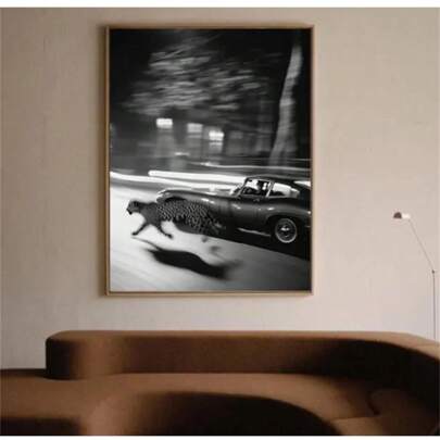1pc Luxury Fashion Poster, Retro Leopard Poster, Vintage Poster, Designer Wall Art, Leopard And Car, Black/White, Digital Product Unframed