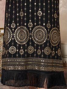 2026新款斋月传统优雅刺绣串珠金色流苏V领阿拉伯女装 - 黑色 - 查看 3