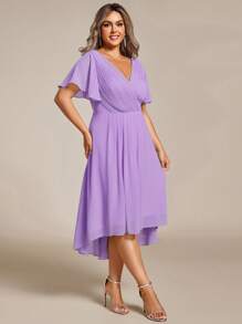 大码女式双 V 领荷叶边袖 A 字形雪纺中长款伴娘礼服 - 紫丁香色 - 查看 4