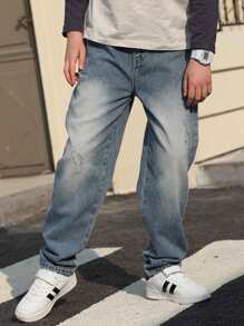 Jeans droits décontractés vintage lavés pour garçons, pantalon en jean déchiré pour adolescents, printemps/automne