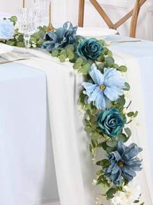 1pc Artificial Eucalyptus Garland With Flowers, Wedding Table Flower Garland Decorations, Floral Rose Garland For Centerpieces Backdrop Wall Flower Vines For Room Decor (Dusty Blue)