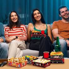 12/24 件装电影之夜食品托盘和盒子，4 种款式，影院图案零食托盘盒，纸质爆米花托盘和支架，适用于生日嘉年华派对用品 - 彩色 - 查看 8