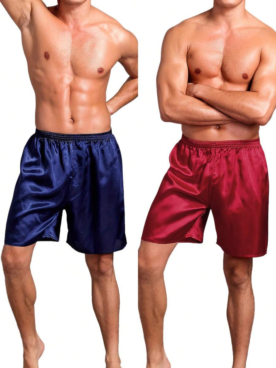 2-Piece Men's Casual Loose Thin Ice Silk Comfortable Shorts Summer, Men's Home Pajamas Ideal For Lounging, Sleeping, Casual Home Wear, And Everyday Relaxation.  Enjoy Premium Sleepwear, Comfortable Pajama Bottoms, And Effortlessly Stylish Lounge Shorts. - xanh + đỏ - Xem 1