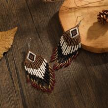 1 Pair Women's Fashion Tassel Earrings, Bohemian Style Geometric Rhombus Pattern Handmade Glass Beaded, Suitable For Daily Wear, Versatile Gift