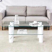 Modern Minimalist Double Layered Transparent Tempered Glass Coffee Table And Coffee Table, Paired With White MDF Drative Columns. Computer Desk. Game Table. CT-X02