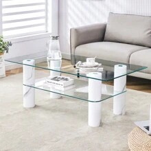 Modern Minimalist Double Layered Transparent Tempered Glass Coffee Table And Coffee Table, Paired With White MDF Drative Columns. Computer Desk. Game Table. CT-X02