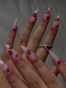 Add A Touch Of Romance With 24pcs, Press On Nails Medium, Simple Daily Routine, Nail Art,French Tip Nails, Light Pink And White Base Color, Almond Nail Tips, Red Lip Print, White Nails,Red Nails, Creative, Romantic And Sweet, Press On Nails Almond,Nail Set, Suitable For Girls And Ladies' Daily Life, Dates, Holidays, Parties, Nail Supplies+1 Piece Of Jelly Glue+1 Rubbing Strip