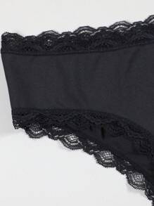 Women's Black Sexy Lace Trim Letter & Heart Print Breathable Stretchy Thin Hollow Out Briefs