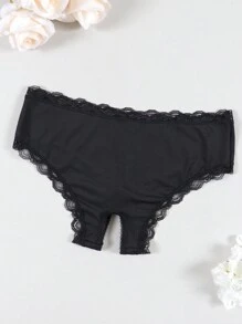 Women's Black Sexy Lace Trim Letter & Heart Print Breathable Stretchy Thin Hollow Out Briefs