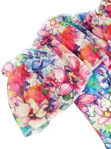 Women's Chiffon Printed Shaping Open Shoulder Blouse With Ruffle Sleeves - Multicolor - View 8