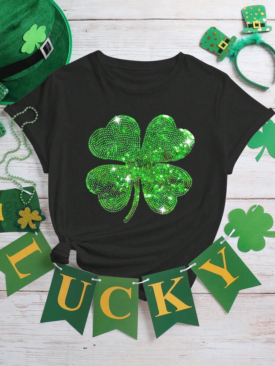 Maglietta casual donna a maniche corte, scollo tondo, colore unito verde, tema quadrifoglio, decorazione di San Patrizio, festività irlandese, per l'estate - Grigio Scuro - Visualizzare 1