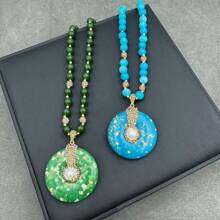 女士复古宝石波西米亚绿松石吊坠项链，天然淡水巴洛克珍珠串珠链毛衣项链，适合日常搭配衬衫、上衣、外套、旗袍