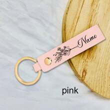 LICVIC 1pc Custom Birth Flower Leather Keychain, Personalized Engraving Name Keychain, With Key Rings Rivets, 8.5cm/3.34in, 4 Colors Green/White/Pink/Blue - Style a - View 12