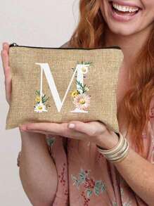 1 Peça Nécessaire com Estampa de Letra de A a Z, Presente para Meninas, Bolsa de Armazenamento com Padrão de Letra Fofo Retrô Simples da Moda com Estampa, Nécessaire para Armazenamento de Itens Pequenos, Bolsa para Cosméticos, Bolsa Leve e Dobrável para Armazenamento, Bolsa Simples para Compras, Nécessaire Presente para Professores, Armazenamento para Enfermeiros, Médicos e Professores, Adequado para Armazenamento de Cosméticos de Viagem Pessoal - Caqui - Visão 6