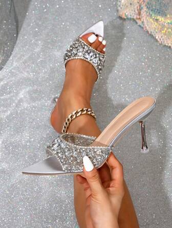 2025 春夏新款水晶缀饰高跟穆勒凉鞋，女士优雅派对和婚礼鞋