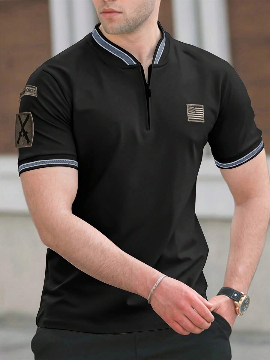 Men's Breathable Zipper Shirt - Casual & Outdoor, Geometric Pattern, Machine Washable - Perfect For Golf, Hiking & Beach Trips - 黑色 - 查看 1