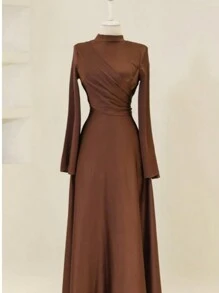Women's Stand Collar Plain Color Flared Sleeve Cinched Waist Dress, Suitable For Ramadan And Everyday Wear,Modest - Coffee Brown - View 2
