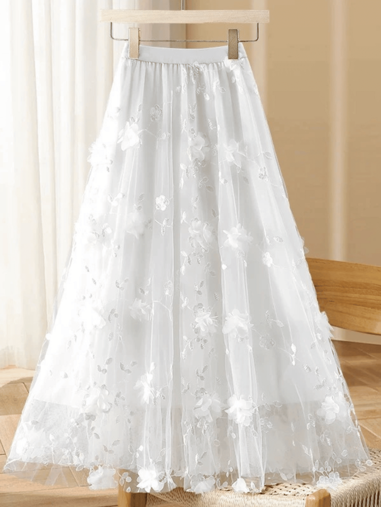 Summer Three-Dimensional Floral Elegant Tulle Skirt - 白色 - 查看 2