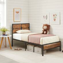 VECELO Single Double Size Bed Frame With Wooden Headboard And Footboard, Steel Slat Support, No Box Spring Needed, Easy Assembly - Brown - View 7
