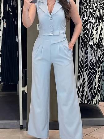 女式有领无袖纯色休闲上衣和裤子两件套服装